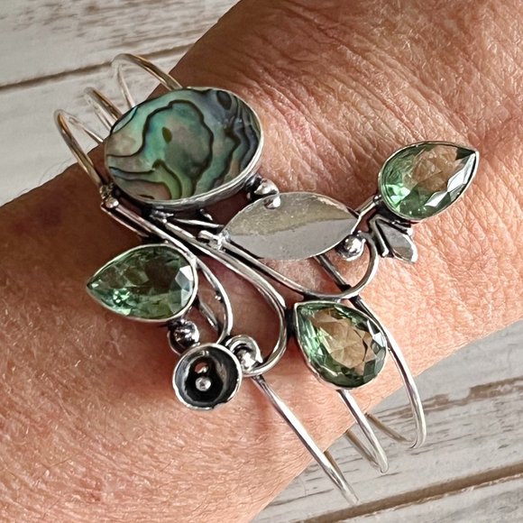 Abalone Shell Peridot Bangle Bracelet Handmade Stone Gemstone Crystal 925 Silver - Picture 5 of 13